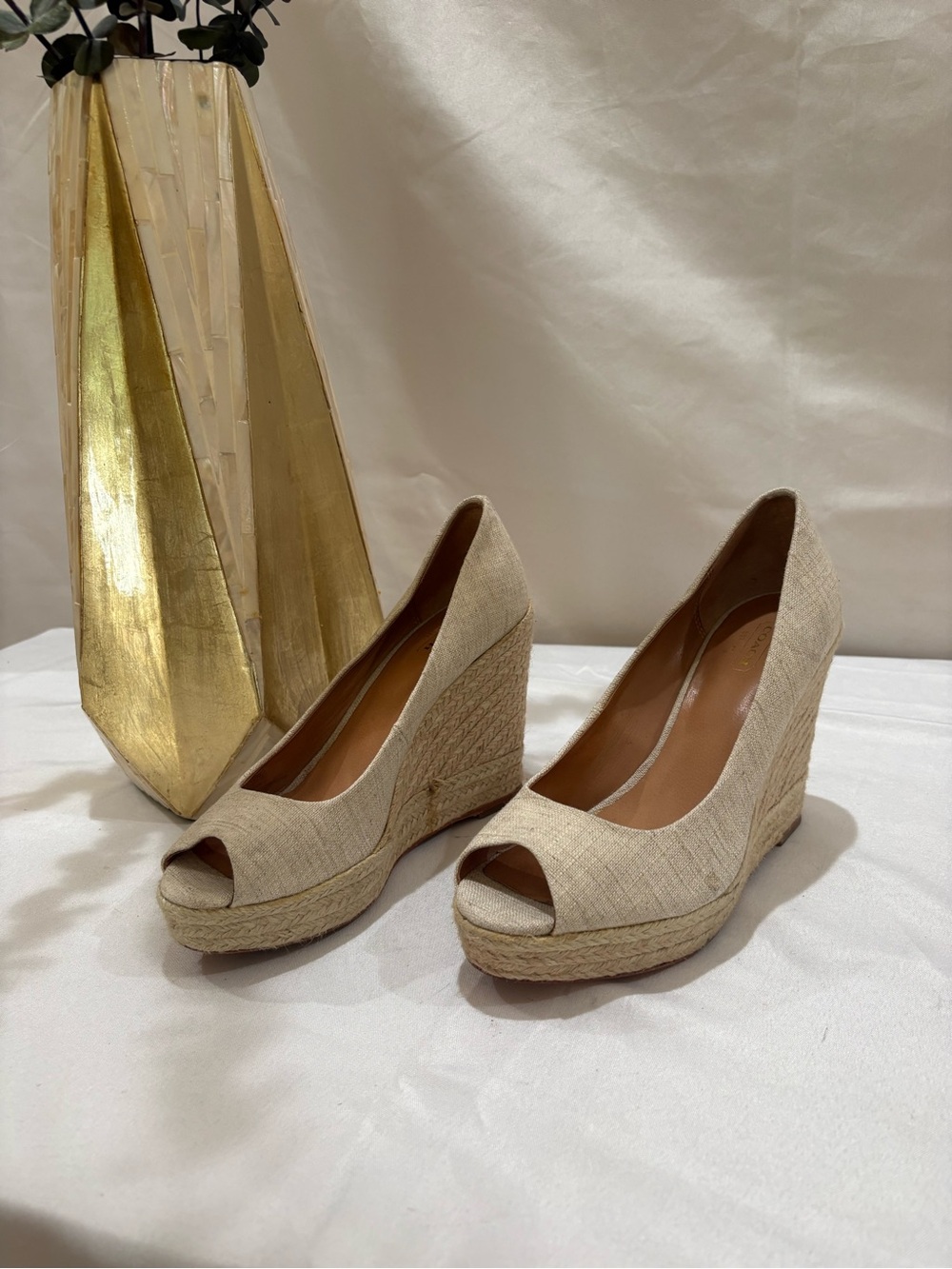 Coach Beige Linen Peep-Toe Espadrille Wedges - Picture 3 of 5